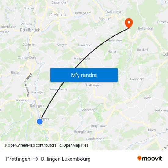 Prettingen to Dillingen Luxembourg map