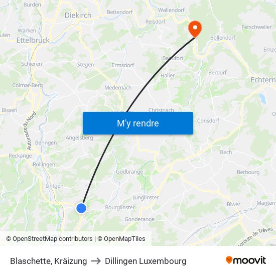 Blaschette, Kräizung to Dillingen Luxembourg map