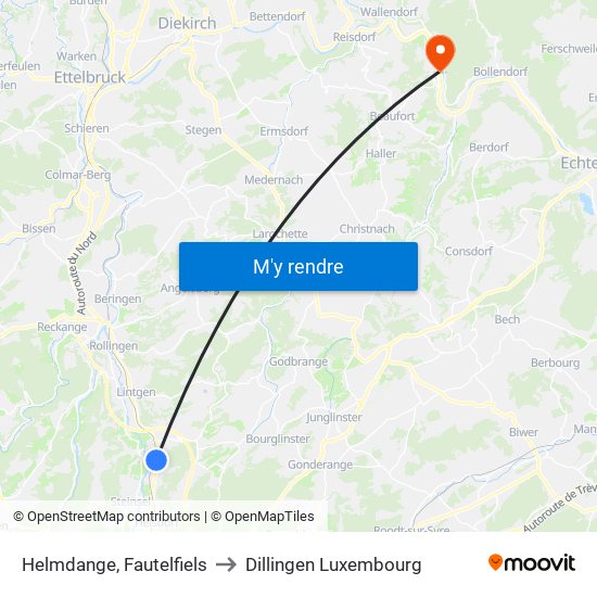 Helmdange, Fautelfiels to Dillingen Luxembourg map
