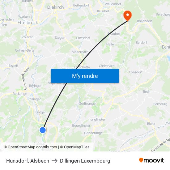 Hunsdorf, Alsbech to Dillingen Luxembourg map
