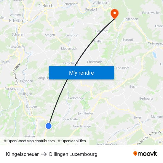 Klingelscheuer to Dillingen Luxembourg map