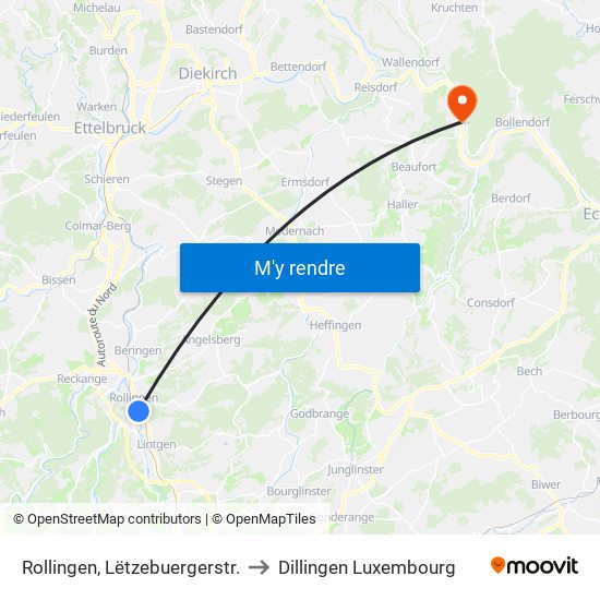 Rollingen, Lëtzebuergerstr. to Dillingen Luxembourg map