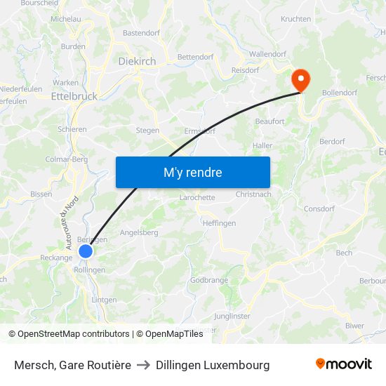 Mersch, Gare Routière to Dillingen Luxembourg map