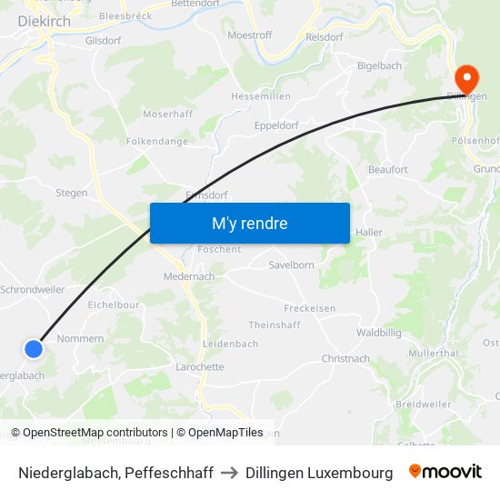 Niederglabach, Peffeschhaff to Dillingen Luxembourg map