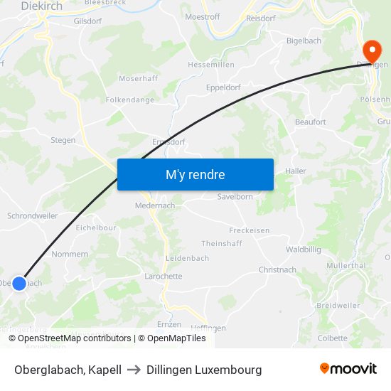 Oberglabach, Kapell to Dillingen Luxembourg map