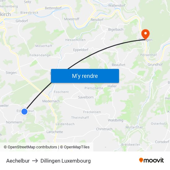 Aechelbur to Dillingen Luxembourg map