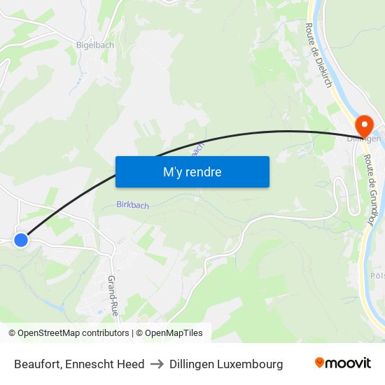 Beaufort, Ennescht Heed to Dillingen Luxembourg map