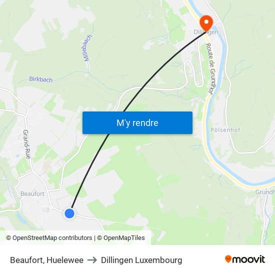 Beaufort, Huelewee to Dillingen Luxembourg map