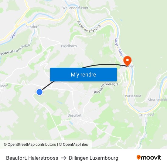 Beaufort, Halerstrooss to Dillingen Luxembourg map