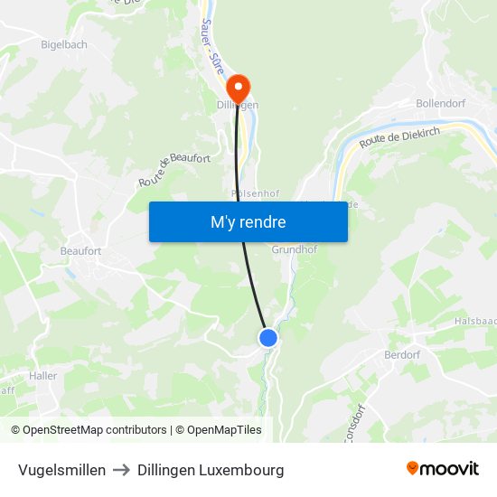 Vugelsmillen to Dillingen Luxembourg map