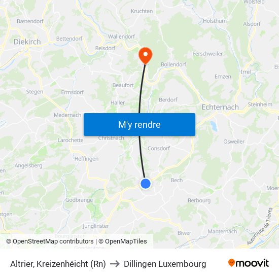 Altrier, Kreizenhéicht (Rn) to Dillingen Luxembourg map
