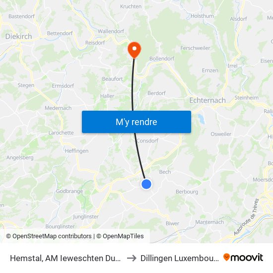 Hemstal, AM Ieweschten Duerf to Dillingen Luxembourg map