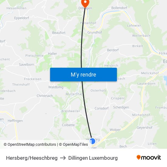 Hersberg/Heeschbreg to Dillingen Luxembourg map