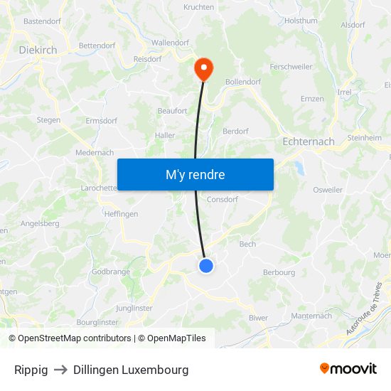 Rippig to Dillingen Luxembourg map
