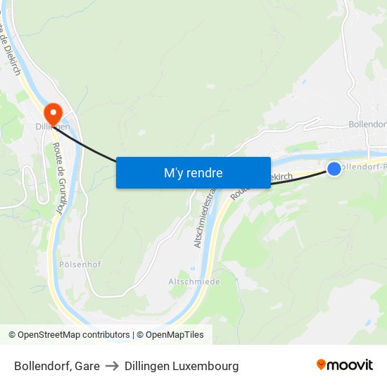 Bollendorf, Gare to Dillingen Luxembourg map