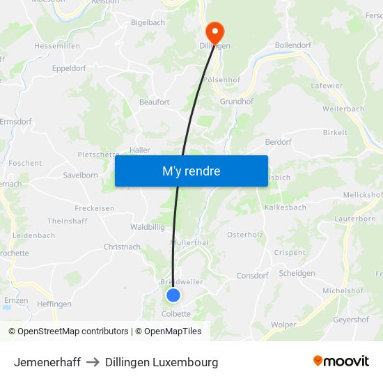 Jemenerhaff to Dillingen Luxembourg map