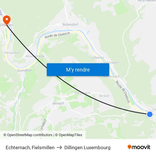 Echternach, Fielsmillen to Dillingen Luxembourg map