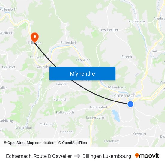 Echternach, Route D'Osweiler to Dillingen Luxembourg map