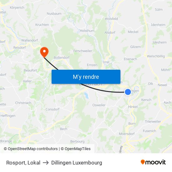 Rosport, Lokal to Dillingen Luxembourg map