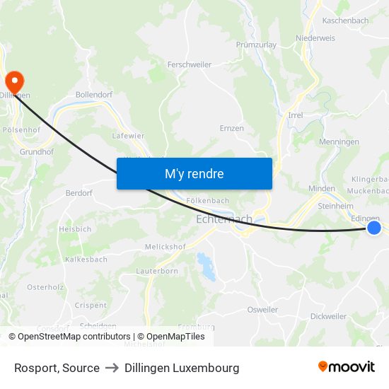 Rosport, Source to Dillingen Luxembourg map