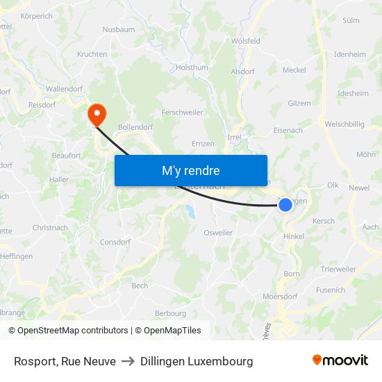 Rosport, Rue Neuve to Dillingen Luxembourg map