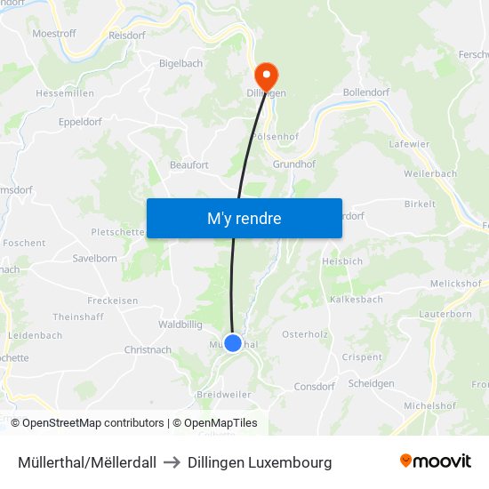 Müllerthal/Mëllerdall to Dillingen Luxembourg map