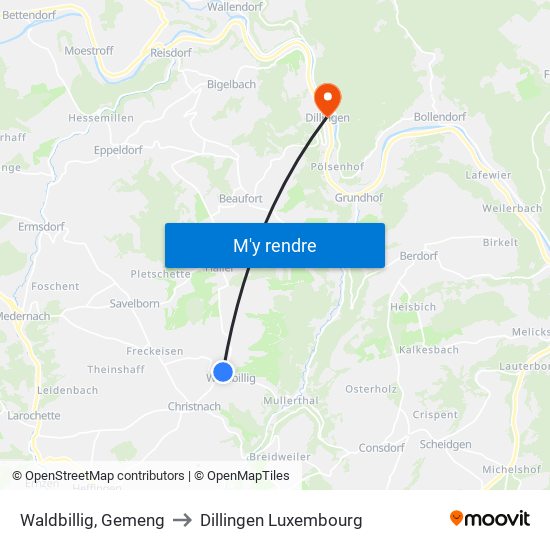 Waldbillig, Gemeng to Dillingen Luxembourg map