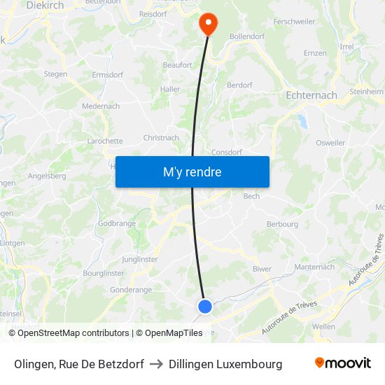 Olingen, Rue De Betzdorf to Dillingen Luxembourg map