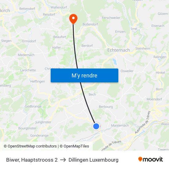 Biwer, Haaptstrooss 2 to Dillingen Luxembourg map