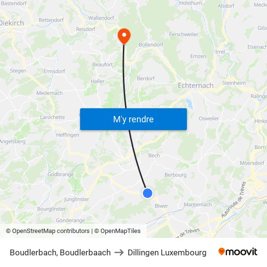Boudlerbach, Boudlerbaach to Dillingen Luxembourg map