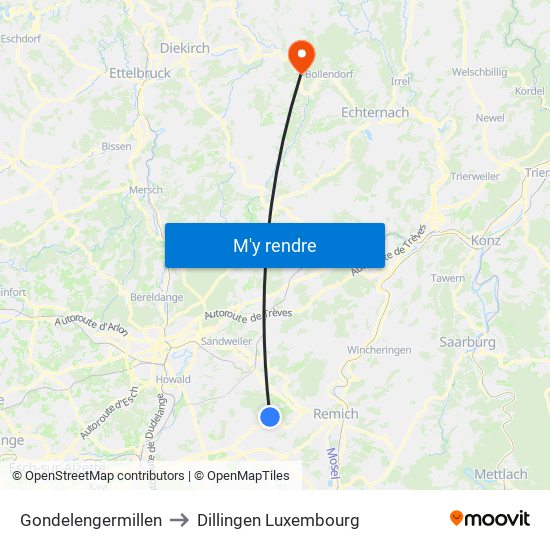 Gondelengermillen to Dillingen Luxembourg map