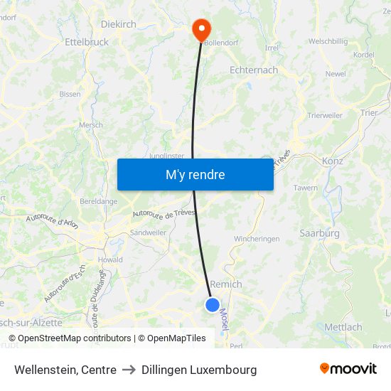 Wellenstein, Centre to Dillingen Luxembourg map