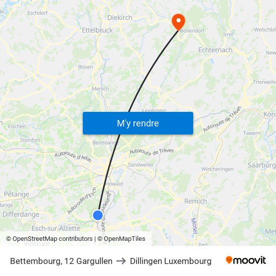 Bettembourg, 12 Gargullen to Dillingen Luxembourg map