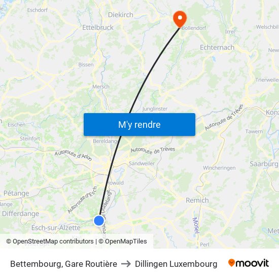 Bettembourg, Gare Routière to Dillingen Luxembourg map