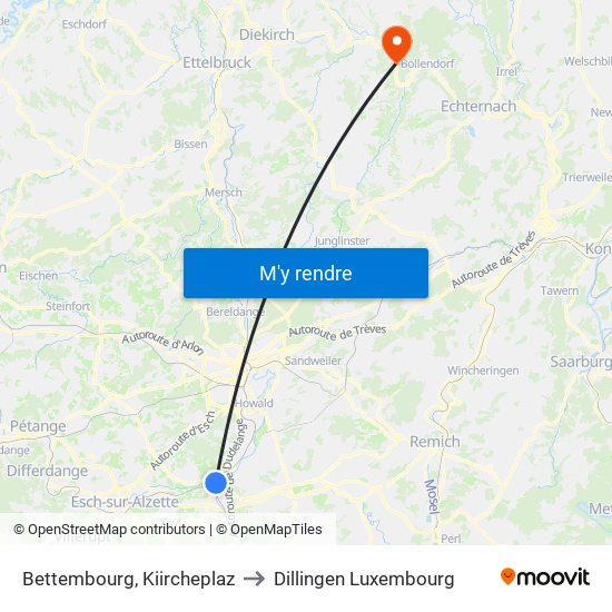 Bettembourg, Kiircheplaz to Dillingen Luxembourg map