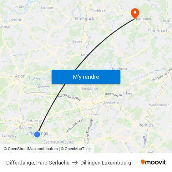 Differdange, Parc Gerlache to Dillingen Luxembourg map