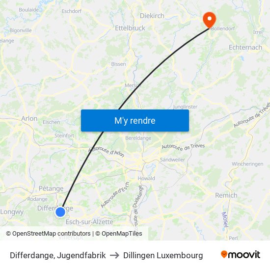 Differdange, Jugendfabrik to Dillingen Luxembourg map