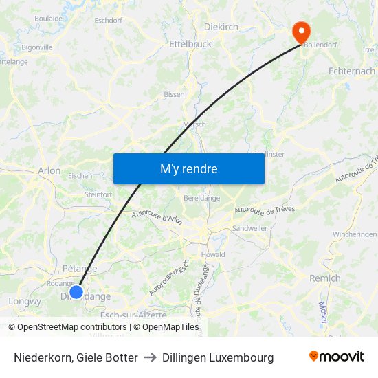Niederkorn, Giele Botter to Dillingen Luxembourg map