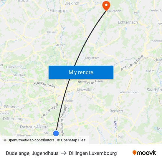 Dudelange, Jugendhaus to Dillingen Luxembourg map