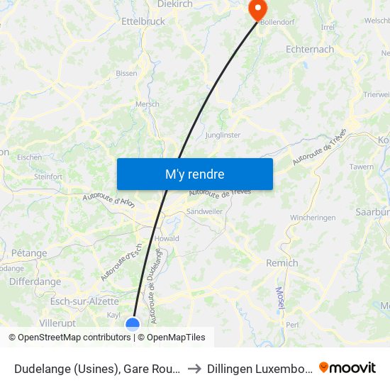 Dudelange (Usines), Gare Routière to Dillingen Luxembourg map