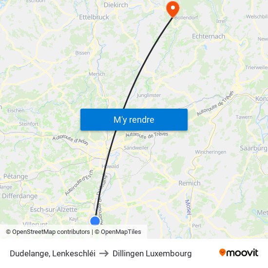 Dudelange, Lenkeschléi to Dillingen Luxembourg map