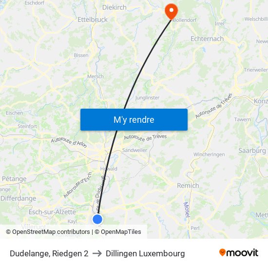 Dudelange, Riedgen 2 to Dillingen Luxembourg map