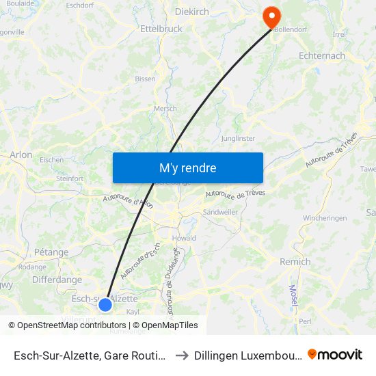 Esch-Sur-Alzette, Gare Routière to Dillingen Luxembourg map
