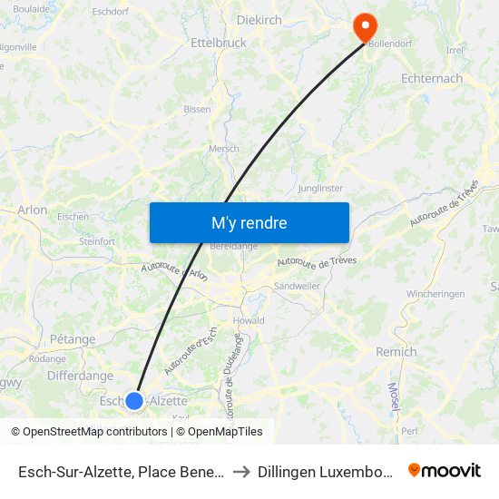 Esch-Sur-Alzette, Place Benelux to Dillingen Luxembourg map