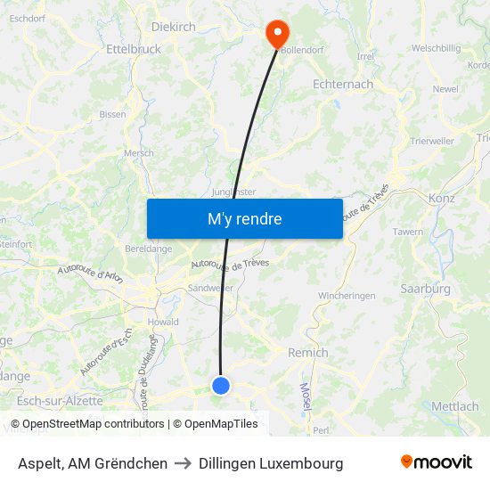 Aspelt, AM Grëndchen to Dillingen Luxembourg map