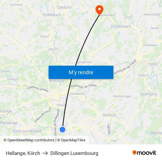 Hellange, Kiirch to Dillingen Luxembourg map