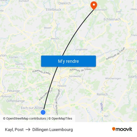 Kayl, Post to Dillingen Luxembourg map