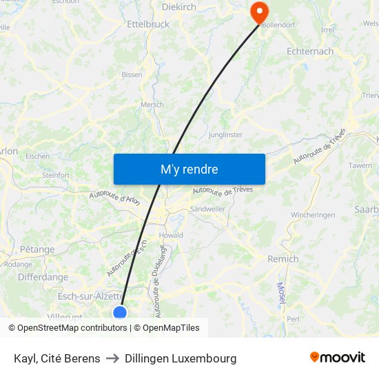 Kayl, Cité Berens to Dillingen Luxembourg map