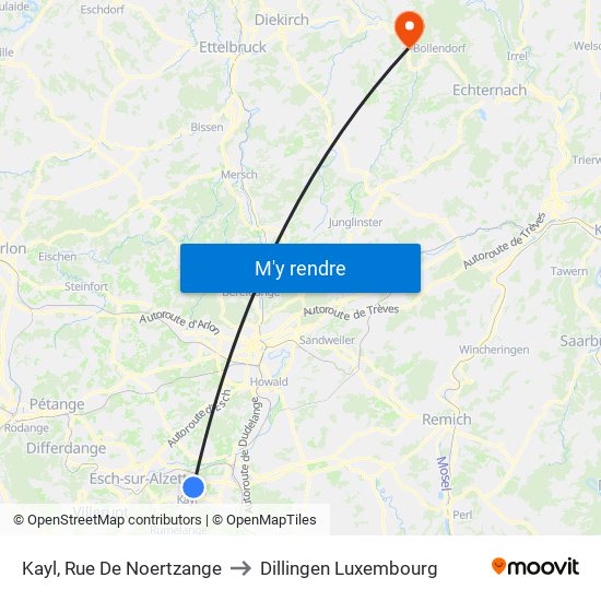 Kayl, Rue De Noertzange to Dillingen Luxembourg map