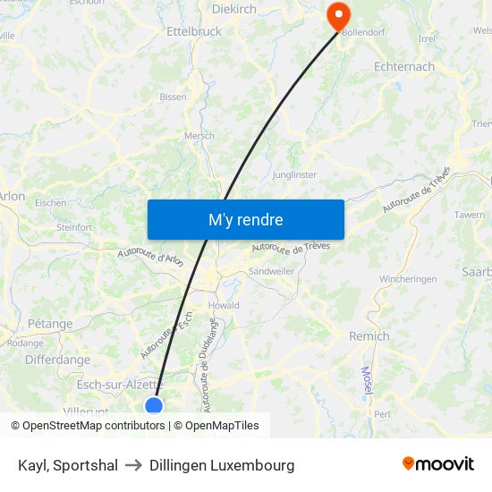 Kayl, Sportshal to Dillingen Luxembourg map